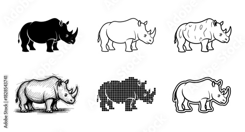Diverse rhino art styles: silhouette, outline, sketch, and pixel designs