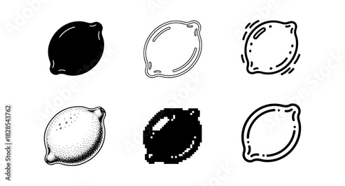 Diverse lemon styles: silhouette, linear, 3d pixel, and retro dot art designs