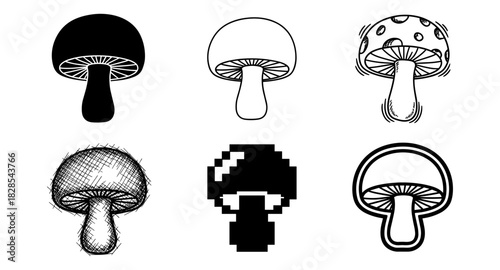 Diverse mushroom icons in various artistic styles