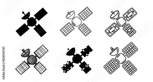 Space satellites in diverse styles: silhouette, pixel art, and linear design