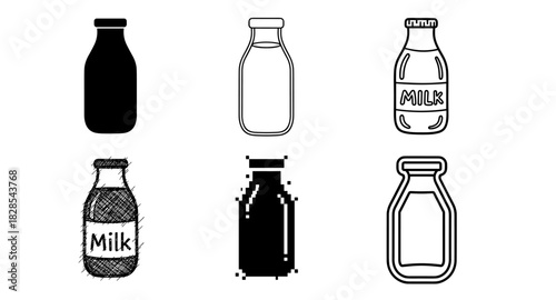 Variety of milk bottle designs in different artistic styles