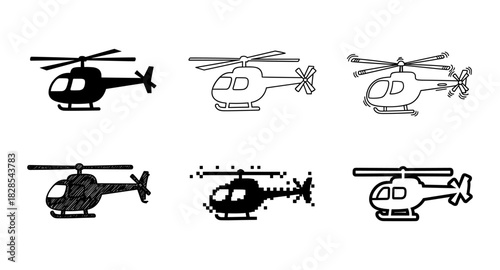 Diverse helicopter icons in linear, pixel, and sketch styles