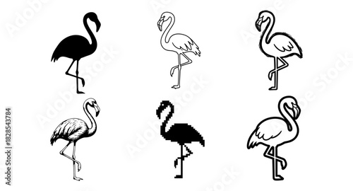 Stylized flamingo variations: silhouette, pixel, and outline designs