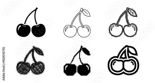 Creative cherry icons in various artistic styles for design projects