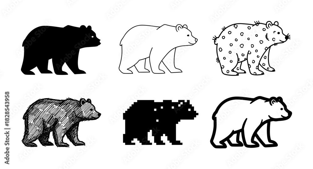 Fototapeta premium Diverse bear designs: silhouette, line art, pixel, dotted, sketch, minimalist styles