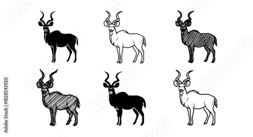 Kudu antelope silhouette and sketch set: black, white, and textured designs