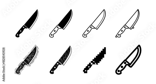 Diverse knife designs: collection of silhouette and outline styles with pixel art
