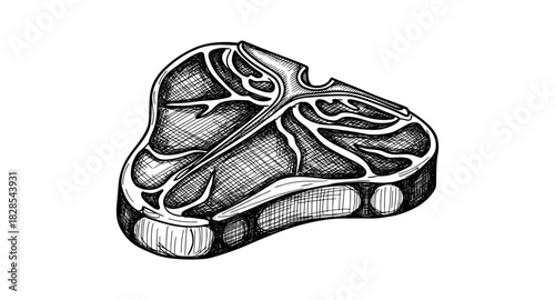 Hand drawn t-bone steak with intricate line design for food art projects
