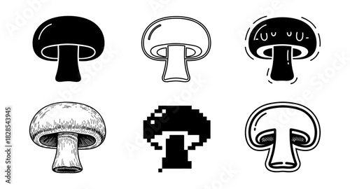 Creative mushroom icons in diverse art styles: pixel, sketch, and line art variations