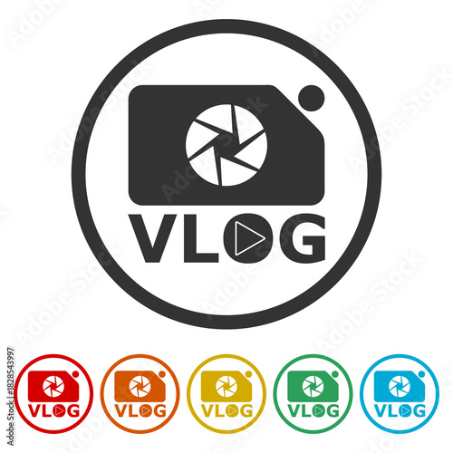 VLOG sign. Set icons in color circle buttons