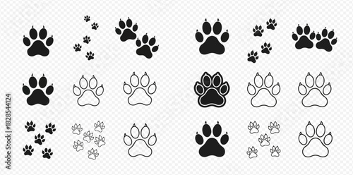 Collection of various animal paw print icons in solid black and outline styles, showing different sizes and tracks.