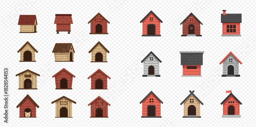 A collection of various dog houses and kennels in different styles and colors on a transparent background.