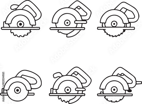 Collection of six hand drawn circular saw illustrations in black and white