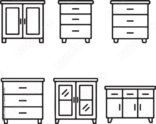 Collection of hand drawn furniture icons featuring cabinets and dressers