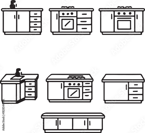 Collection of hand drawn kitchen cabinet and appliance illustrations