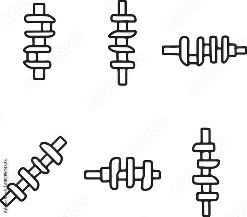 Set of six stylized line drawings of crankshafts in various orientations