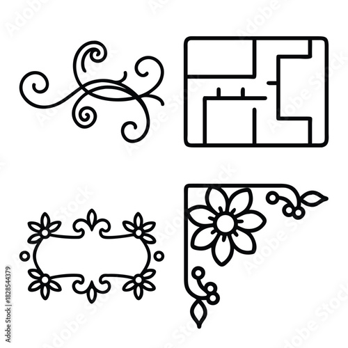 Set of Four Outline Icons: Abstract Symmetrical Waveform, Stack of Documents, Dotted Wavy Line/Data Trail, and Download Arrow to a Server