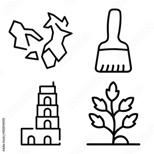 Set of Four Outline Icons: Ringing Notification Bell, Berry Branch with Leaves, Trash Can or Dustbin, and Open Book on a Stand/Lectern