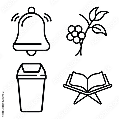 Set of Four Outline Icons: Hanging Ribbon Banner/Bookmark, Decorative Leafy Branch, Shield with Triple Leaf Design, and Berry Branch