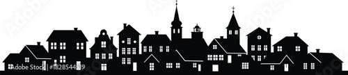 Detailed black silhouette of a traditional European town or village skyline, featuring historical houses, church spires, and steep roofs, symbolizing history, community, and classic architecture