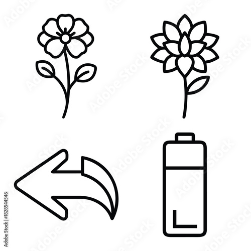 Collection of Four Outline Icons: Abstract Wavy Shape, Flowering Plant Stems, Circular Grid Pattern, and Group of People in Focus Frame