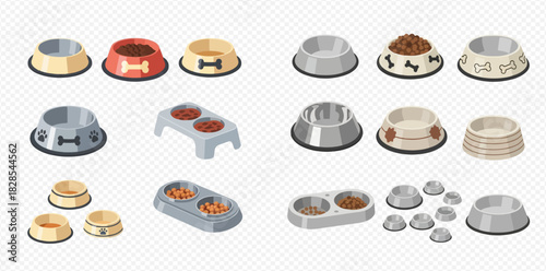 Collection of various pet food and water bowls for dogs and cats, including single, double, and stacked designs.