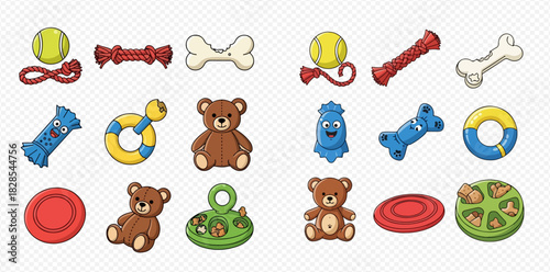 A comprehensive collection of various dog toys including tennis balls, chew bones, rope toys, frisbees, stuffed animals, and puzzle feeders, arranged on a transparent background.