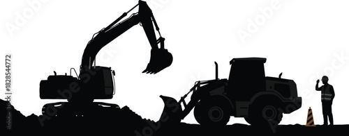 Detailed black silhouette of an excavator and front loader operating on a job site, monitored by a construction worker, symbolizing industrial 