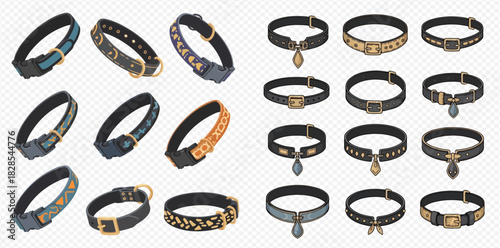 Set of diverse pet collars featuring various patterns, buckles, and decorative pendants.