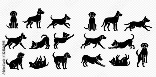 Collection of black dog silhouettes in various poses and actions, including sitting, standing, running, stretching, and playing, on a transparent background.