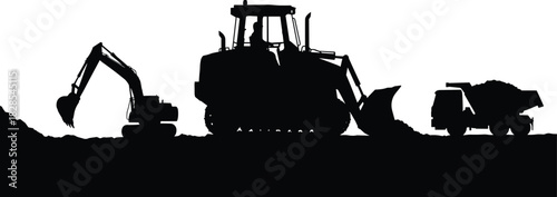 Detailed black silhouette of heavy construction machinery, including an excavator, bulldozer, and dump truck, working on a job site, symbolizing industry, mining, development, and engineering projects