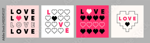 Minimalist love covers, posters, backgrounds, templates set with geometric hearts, grid-based retro style for modern prints, Valentine's Day cards, social media, and romantic art. Vector illustration