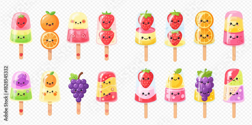 Collection of cute cartoon fruit popsicles and ice cream bars with happy faces on sticks, featuring strawberry, orange, kiwi, grape, and lemon flavors.