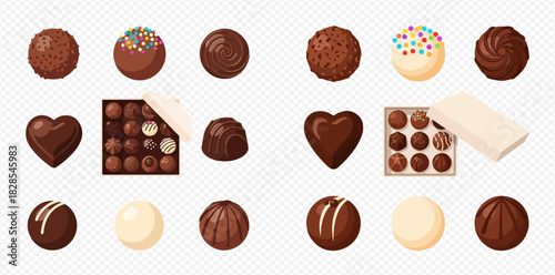 Assortment of delicious chocolate candies and truffles in various shapes and flavors, including a heart-shaped chocolate and open boxes of bonbons.
