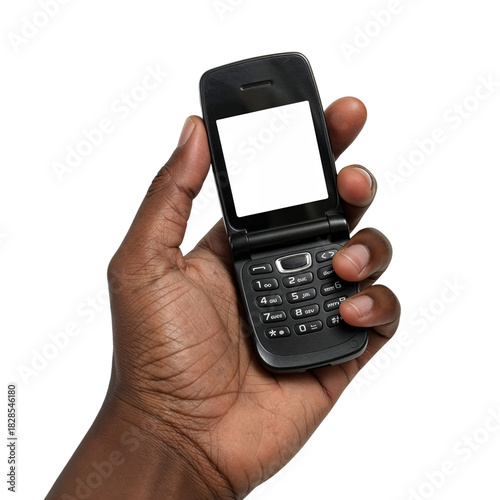 Wallpaper Mural Hand holding vintage flip phone with open screen and keypad displaying communication device isolated on transparent background Torontodigital.ca