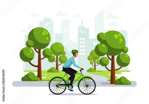 Cycling through the Green City: A cyclist enjoys a ride through an urban park, the crisp air and lush greenery providing a serene backdrop for the activity.