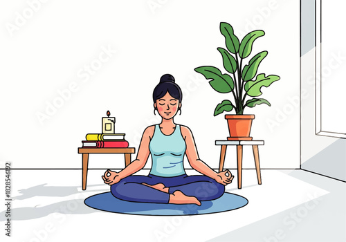 Serene Yoga Practice: A woman finds inner peace through yoga in a bright, inviting room, surrounded by natural elements, fostering a sense of calm and wellbeing.