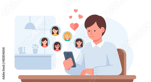 Young man engaging in digital communication with multiple friends through