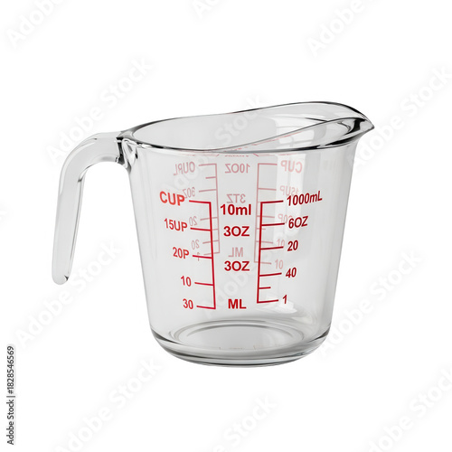 Measuring cup with red markings for liquid measurements isolated on transparent background