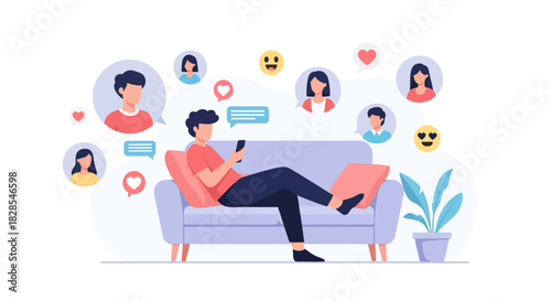 Young man relaxing on a sofa engaging with social media and digital chatting