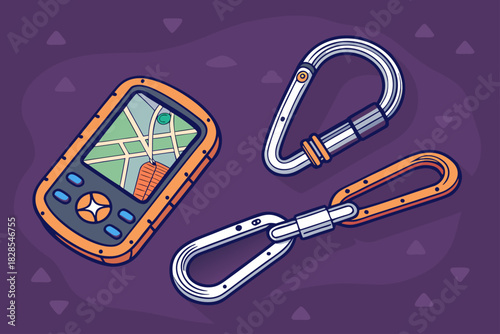 Crisp Bold Gps Device And Climbing Carabiners High-Quality Stock Image