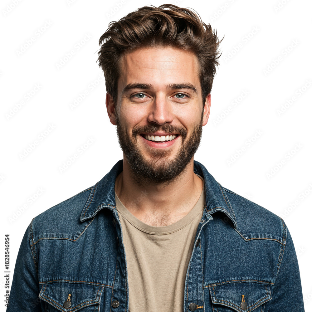 Obraz premium Smiling man with beard wearing denim jacket casual clothing portrait photography isolated on transparent background