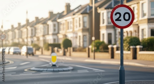 Wallpaper Mural Road sign indicating a speed limit of 20 miles per hour stands prominently on a suburban street, surrounded by houses and a circular traffic island with vehicles passing by Torontodigital.ca