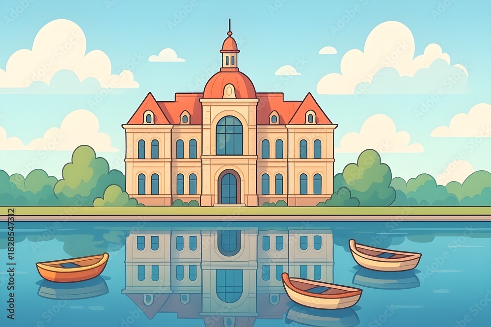 Obraz premium A charming cartoon building beside calm water with a clear reflection, colorful small boats, soft pastel tones, clean outlines, and dreamy scenery.