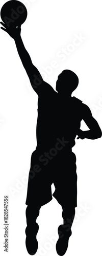 Dynamic black silhouette of a basketball player performing a high-arching jump shot or layup, capturing the intense action, athleticism, and victory of competitive team sports