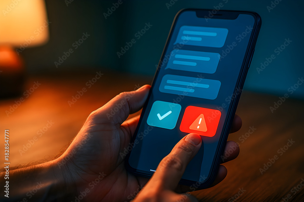 Obraz premium Hand Pressing Alert Button on Smartphone Screen, Security Warning Notification