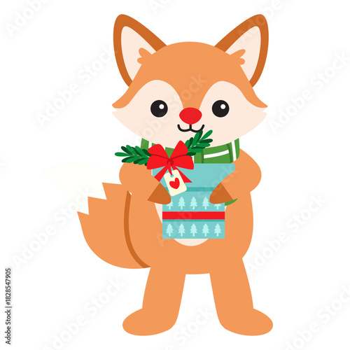 Cute Fox with Christmas Gift