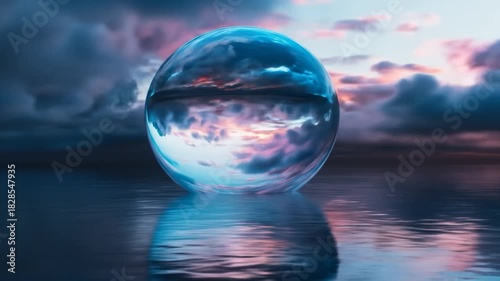 A translucent sphere reflects a dramatic twilight sky over calm water