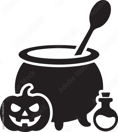 Halloween vector icon with a bubbling witch cauldron, stirring spoon, spooky jack-o-lantern, and mysterious potion.