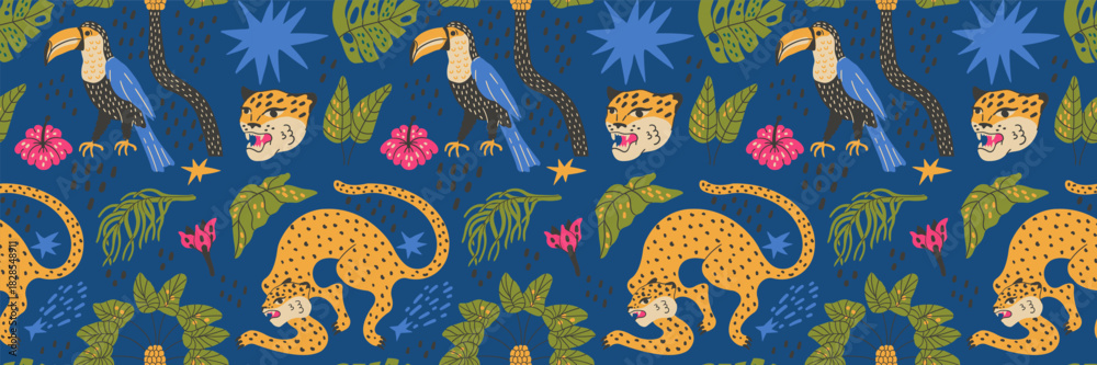 Naklejka premium Funky safari pattern with leopard toucan and tropical monstera leaves.